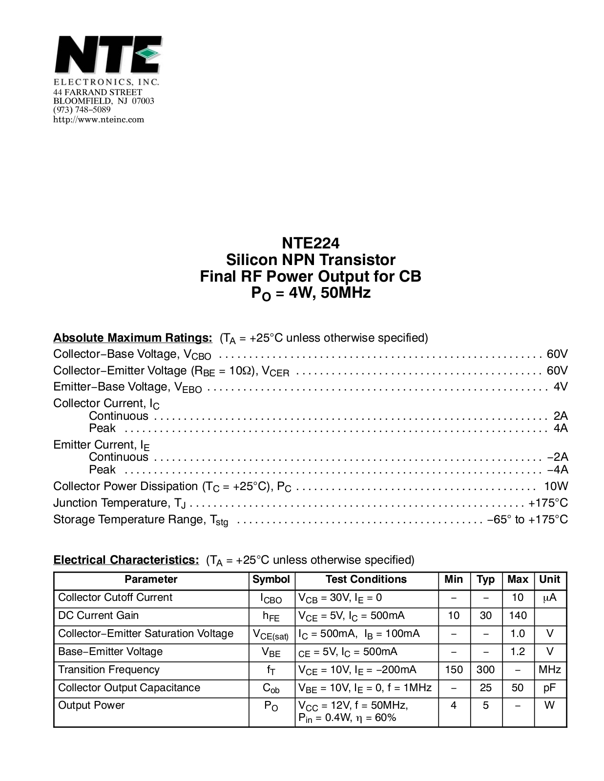 Datasheet NTE224 Specification - ManualMachine.com