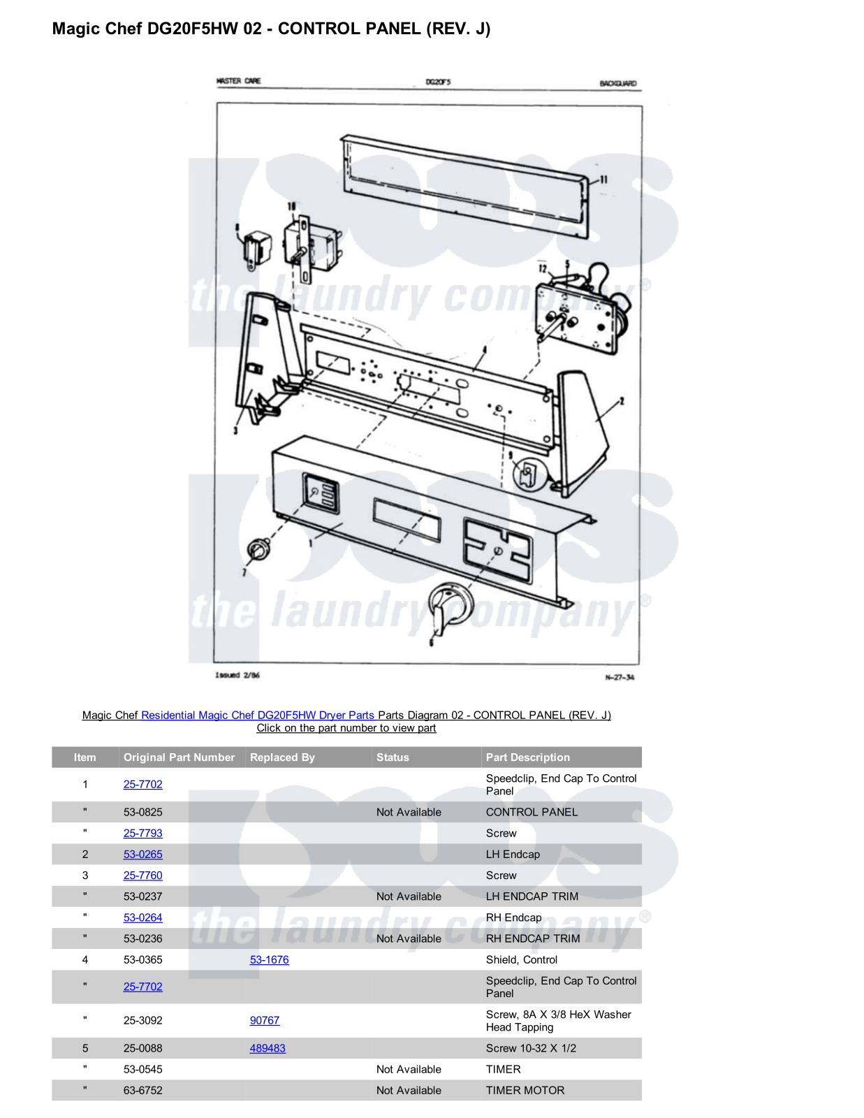 Magic Chef DG20F5HW Parts Diagram