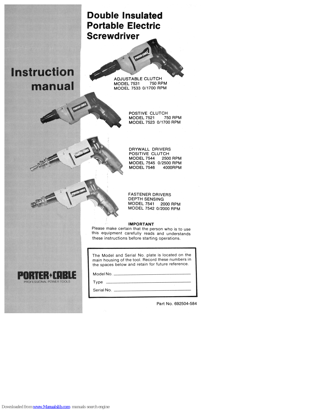 Porter-Cable Adjustable clutch 7531, 7523, 7544, 7533, 7545 Instruction Manual