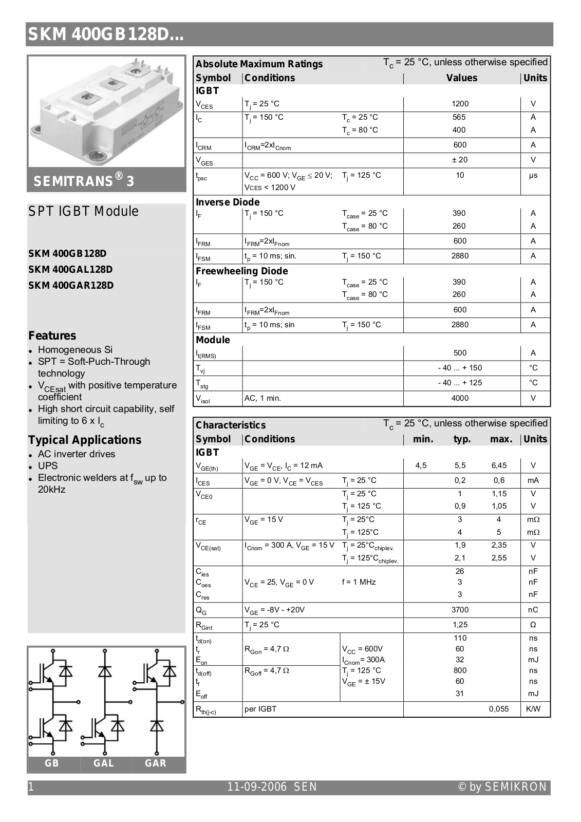 Semikron SKM400GAL128D Data Sheet