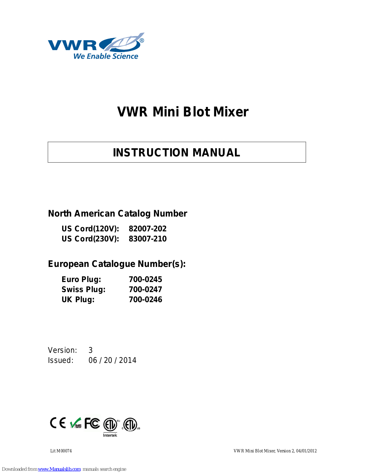 VWR International 82007-202, 83007-210, 700-0245, 700-0247, 700-0246 Instruction Manual