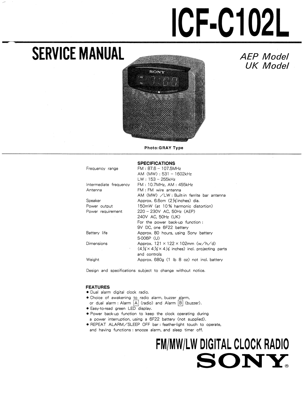 Sony ICFC-102-L Service manual