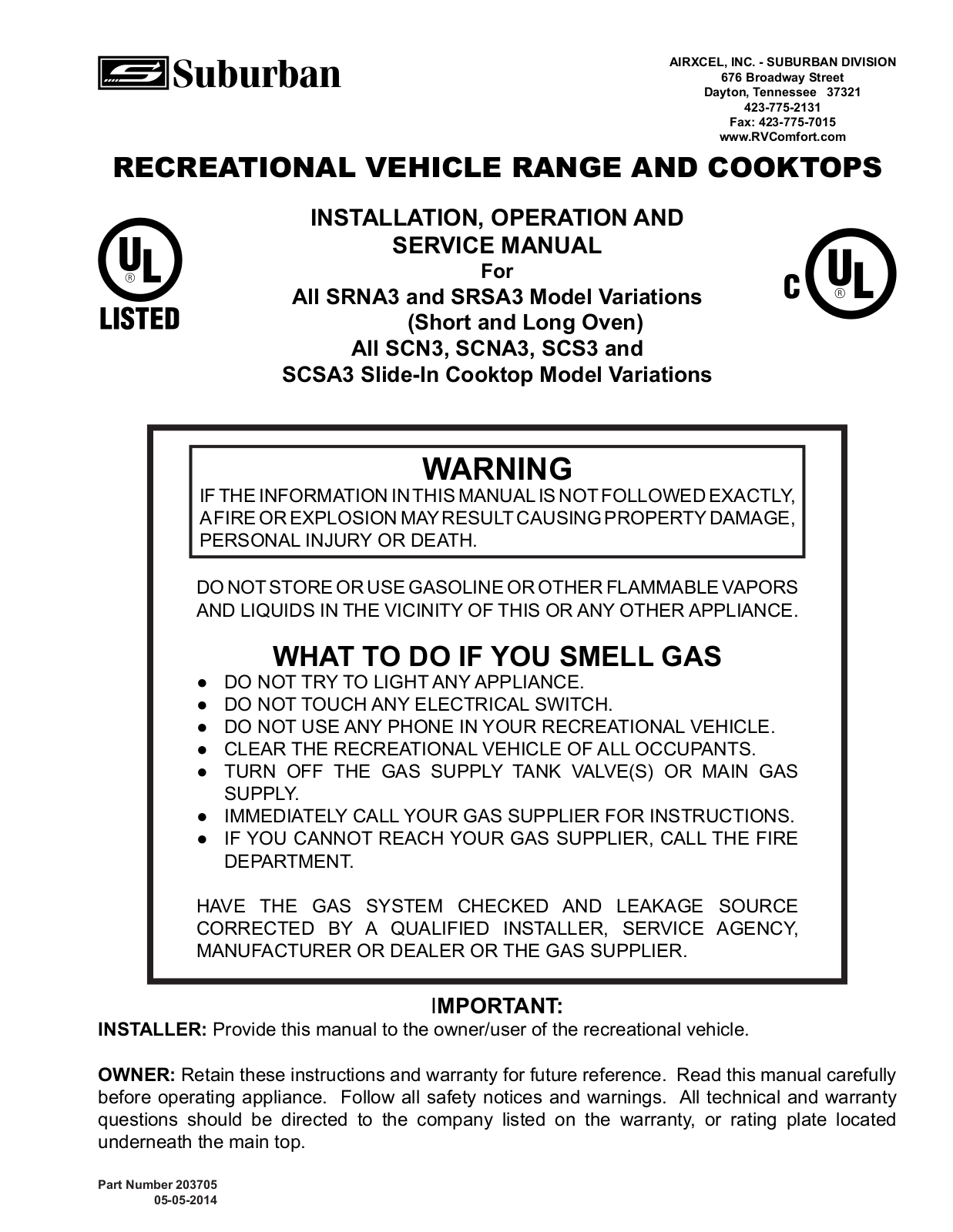 Suburban SRNA3 SERIES, SRSA3 SERIES, SCN3 SERIES, SCNA3 SERIES, SCS3 SERIES Installation, Operation And Service Manual - ManualMachine.com