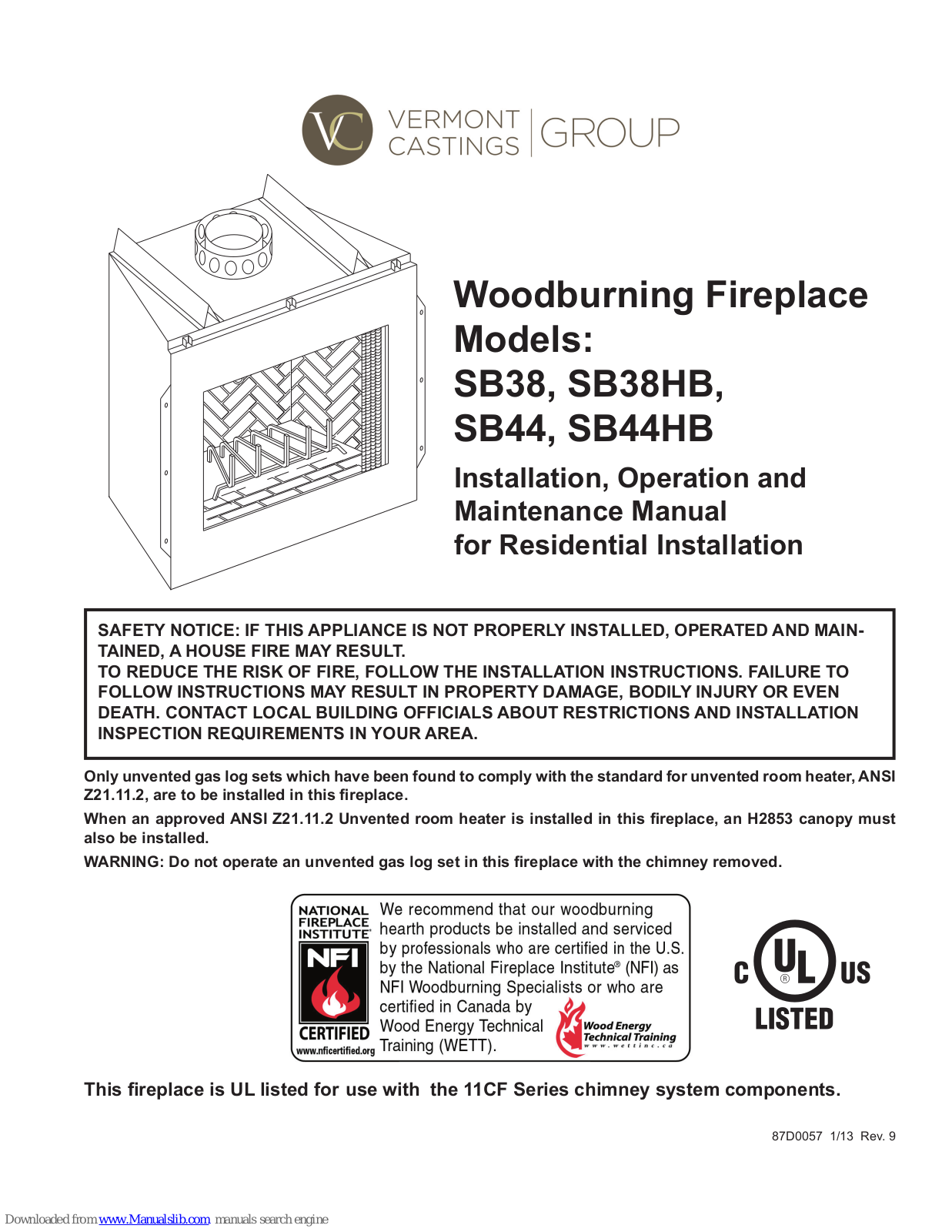 Vermont Castings SB38, SB38HB, SB44, SB44H Nstallation, Operation And Maintenance Manual