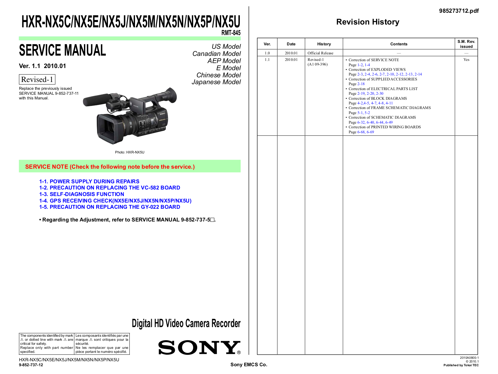 Sony HXR-NX5C, HXR-NX5E, HXR-NX5J, HXR-NX5M, HXR-NX5N Service Manual