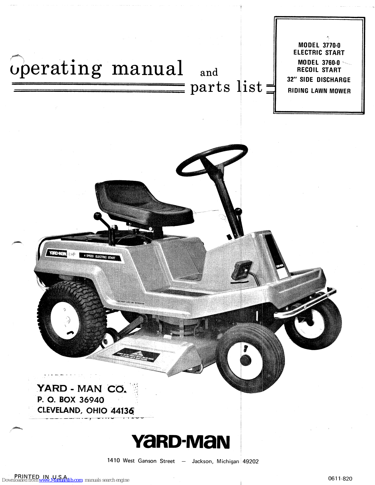 Yard-Man 3770-0, 3760-0 Operating Manual And Parts List