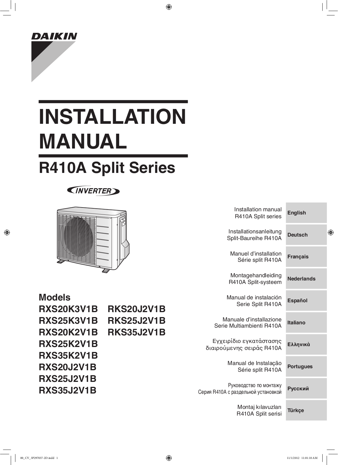 Daikin RXS20K3V1B, RKS20J2V1B, RXS25K3V1B, RKS25J2V1B, RXS20K2V1B Installation manuals