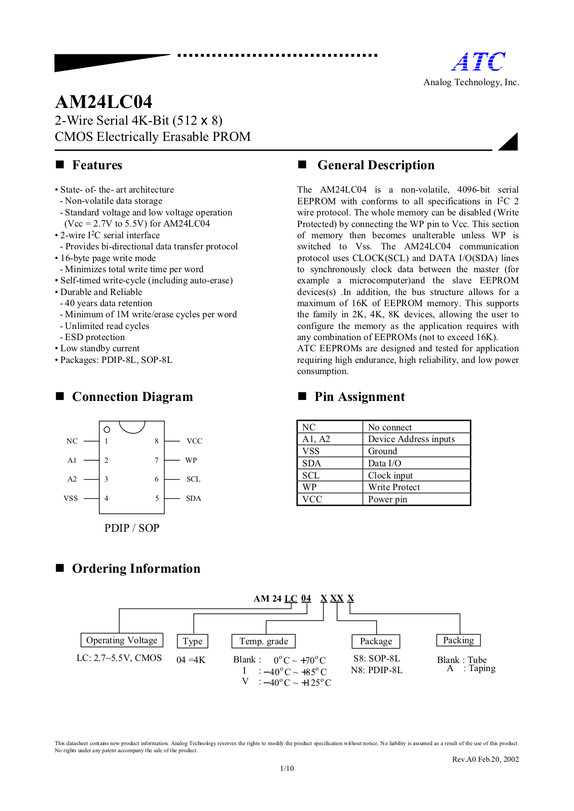 ATC AM24LC04VS8A, AM24LC04VS8, AM24LC04VN8A, AM24LC04VN8, AM24LC04S8A Datasheet