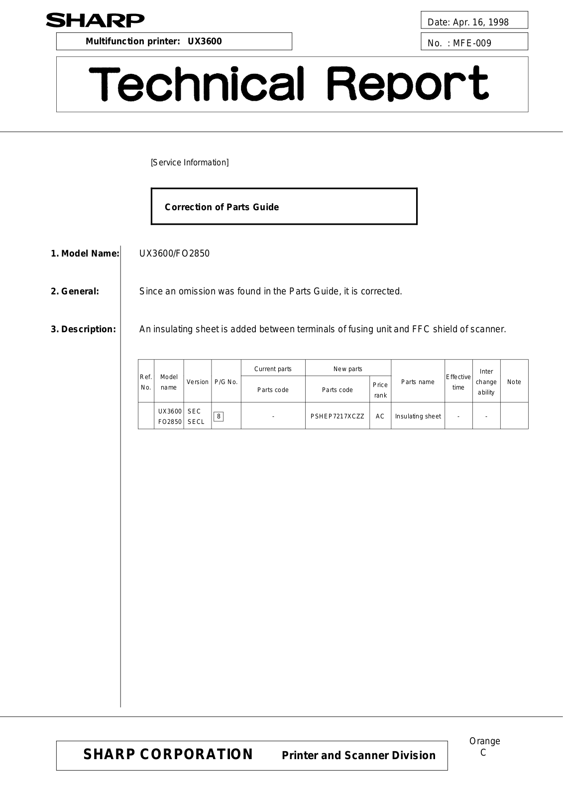 SHARP MFE009 Technical Report