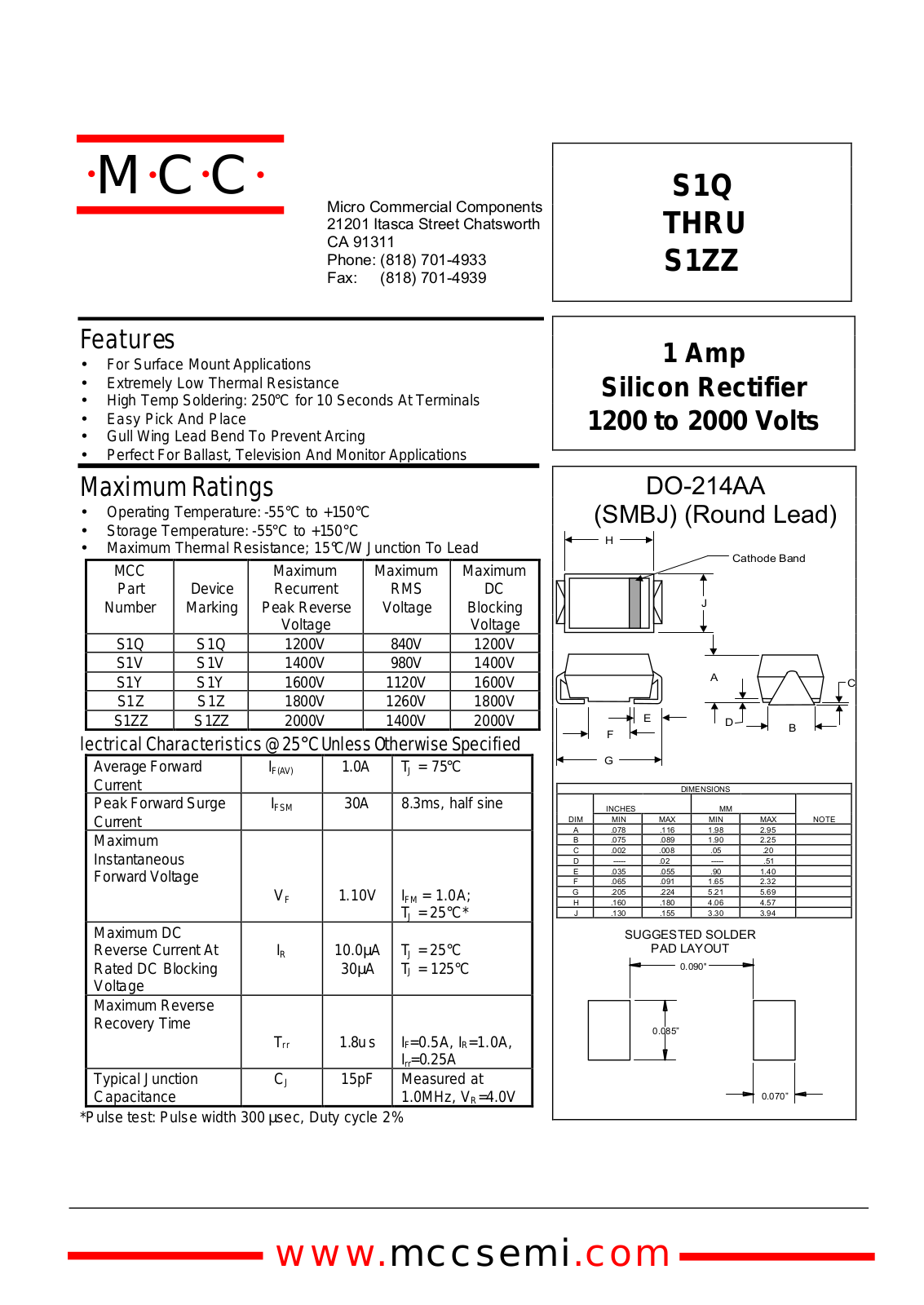 MCC S1Q, S1Y, S1Z, S1ZZ, S1V Datasheet