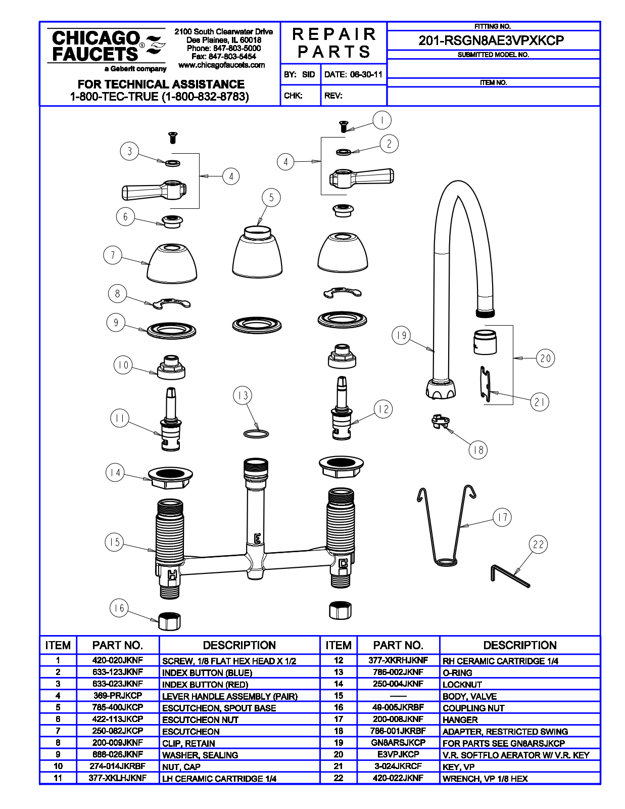 Chicago Faucet 201-RSGN8AE3VPXKCP Parts List