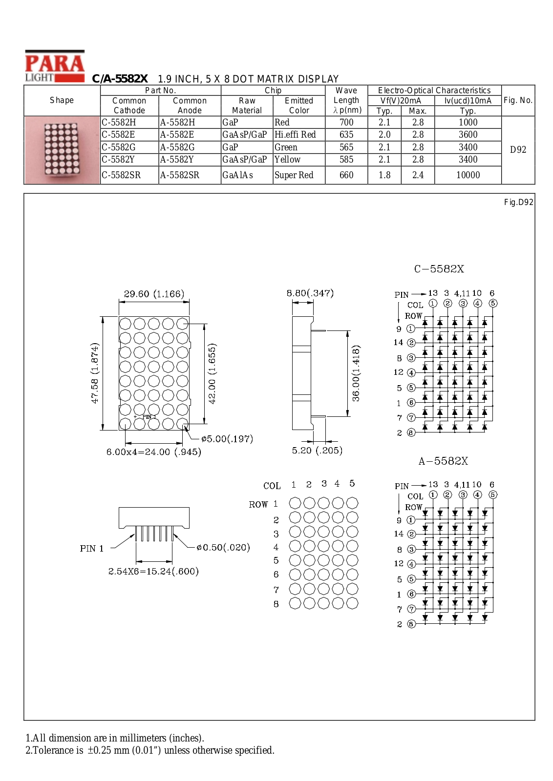 PARA C-5582Y, C-5582H, C-5582G, C-5582E, A-5582Y Datasheet