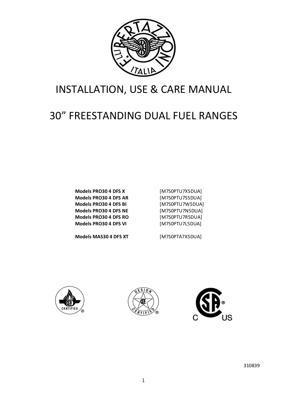 Bertazzoni PRO304DFSVI, PRO304DFSNELP, PRO304DFSXLP, PRO304DFSBILP, PRO304DFSRO Installation Guide