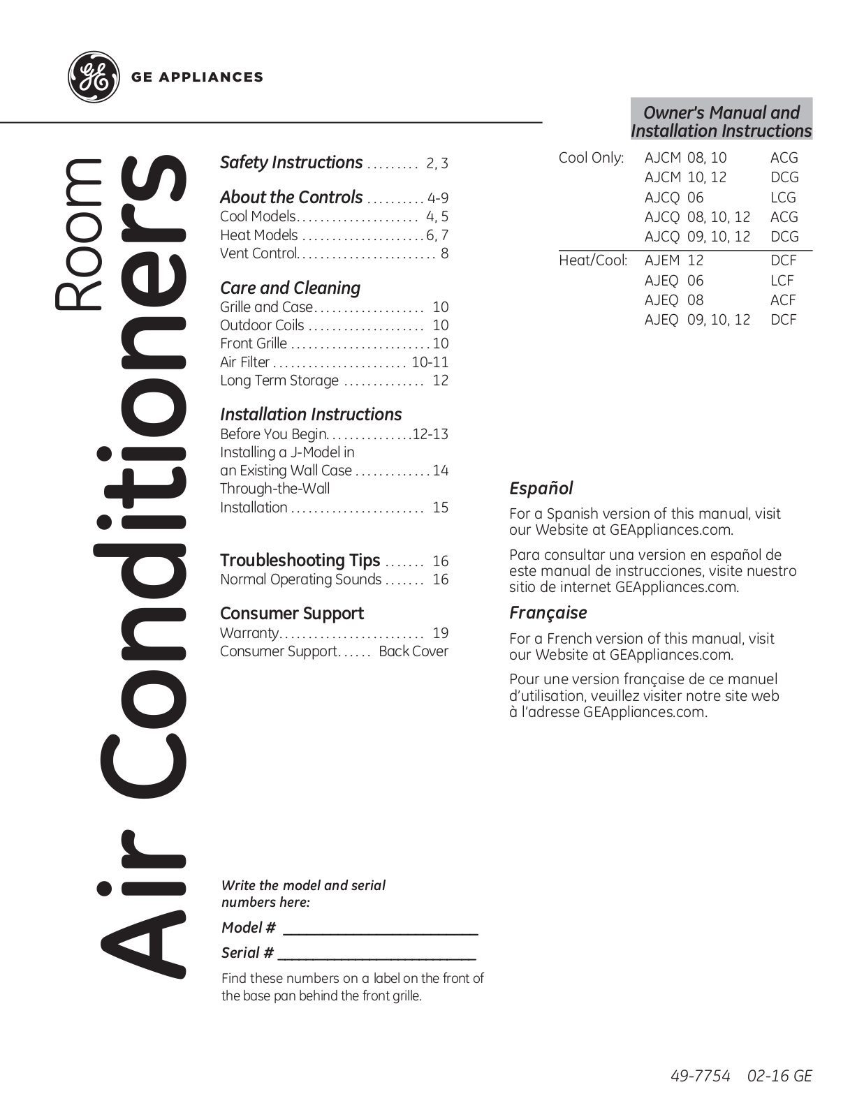 GE AJEQ12DCFL2, AJEQ12DCFL1, AJEQ10DCFL2, AJEQ10DCFL1, AJEQ09DCFL2 Owner’s Manual