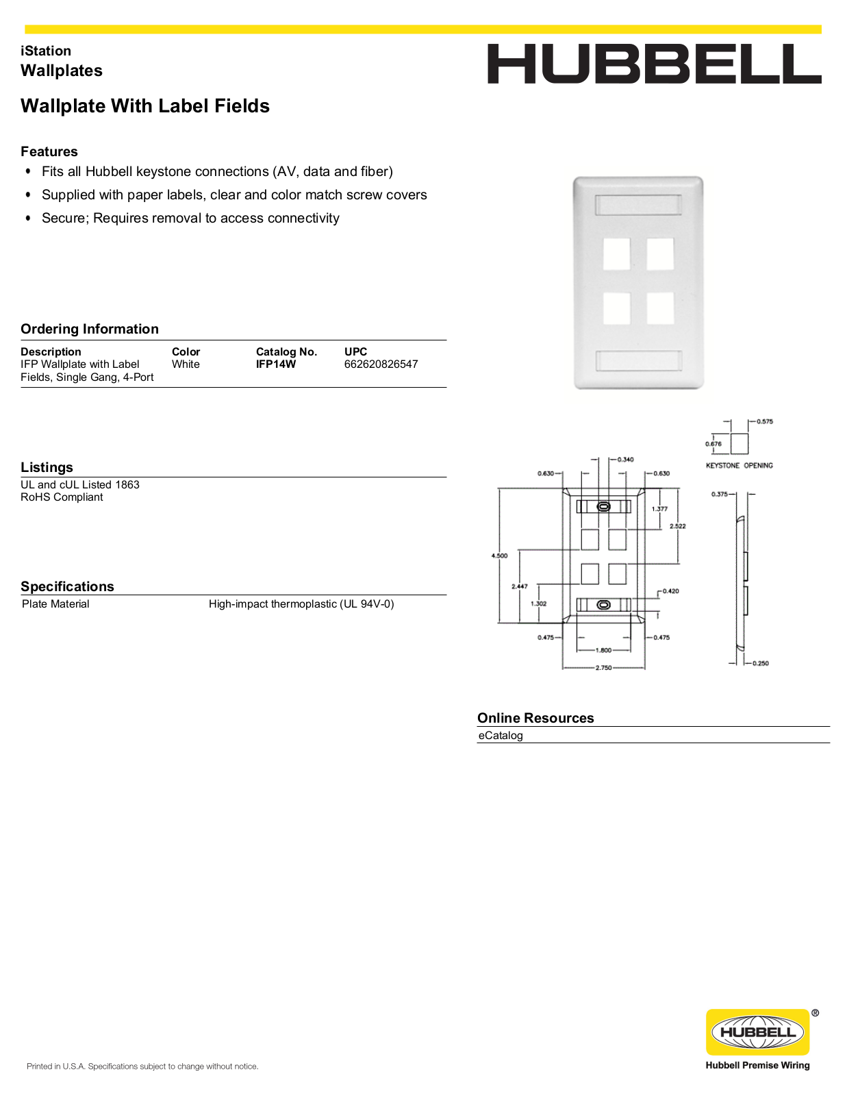 Hubbell IFP14W Specifications