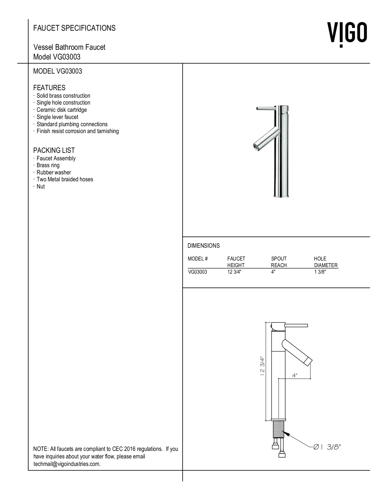 Vigo VGT385 Specifications