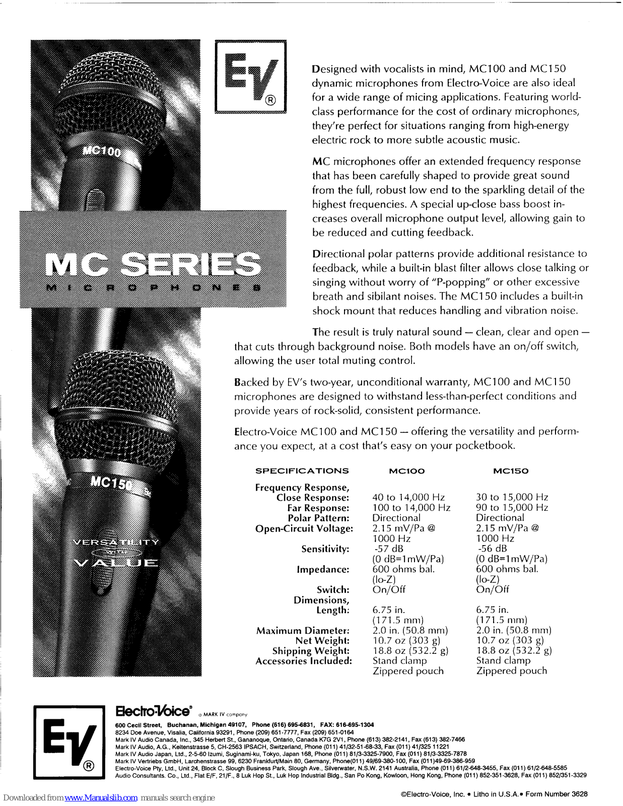 Electro-Voice MC100, MC160, MC150 Specifications