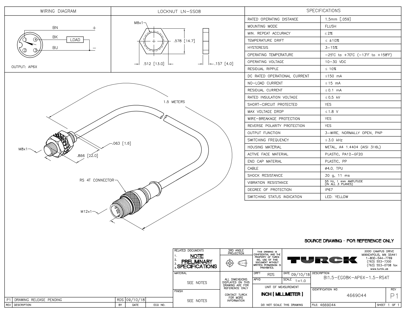 Turck BI1.5-EG08K-AP6X-1.5-RS4T Data Sheet