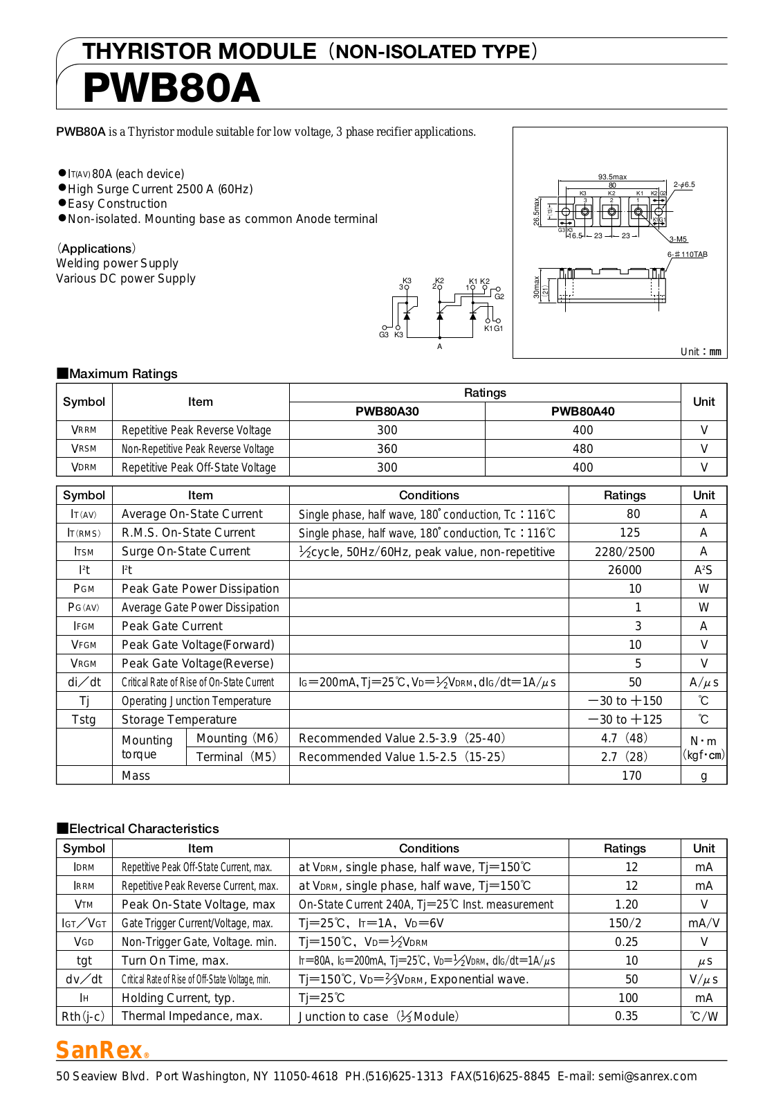 Sanrex-Sansha Electric Manufacturing PWB80A Data Sheet