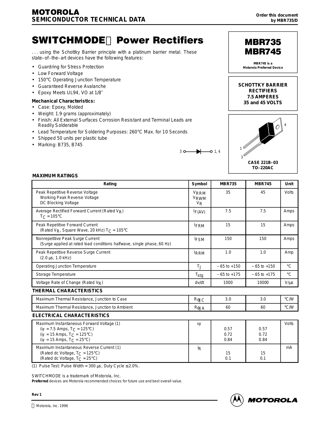 Motorola MBR745 Datasheet