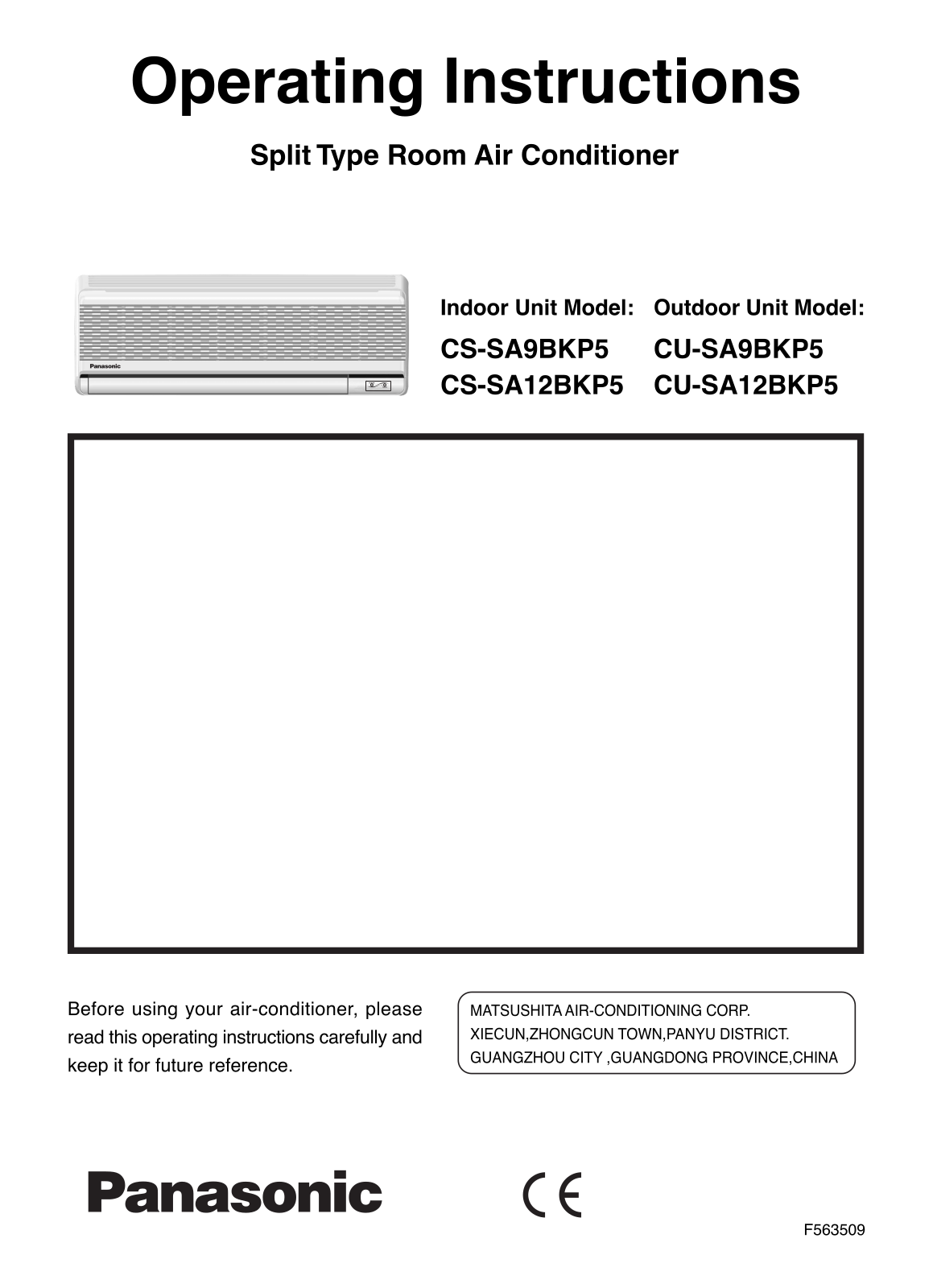 Panasonic CSSA9BKP5, CS-SA12BKP5, CU-SA12BKP5, CUSA9BKP5 User Manual