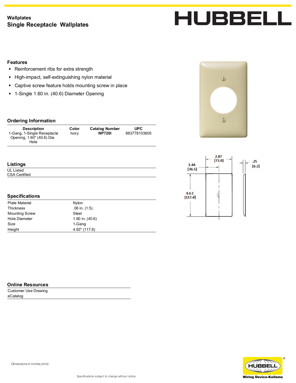 Hubbell NP720I Specifications