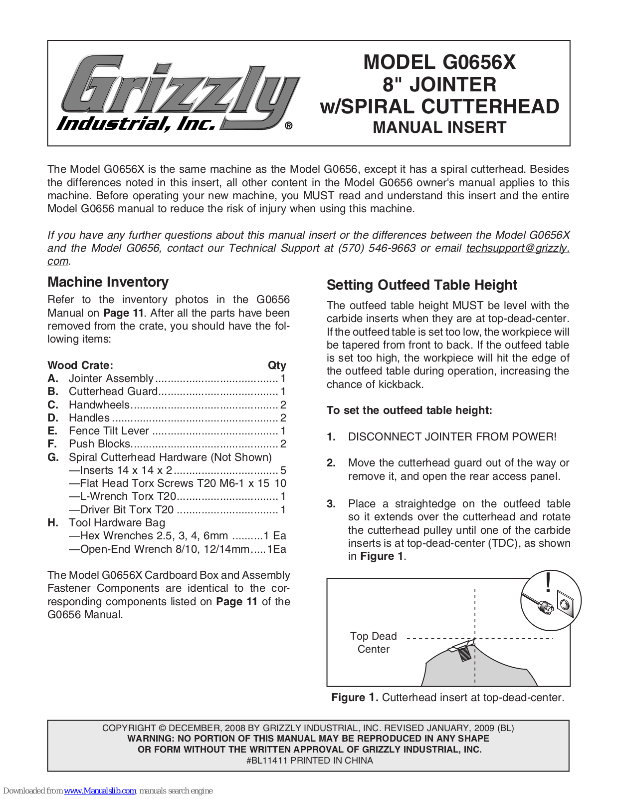 Grizzly Jointer w/ Spiral Cutterhead G0656X, G0656 Owner's Manual