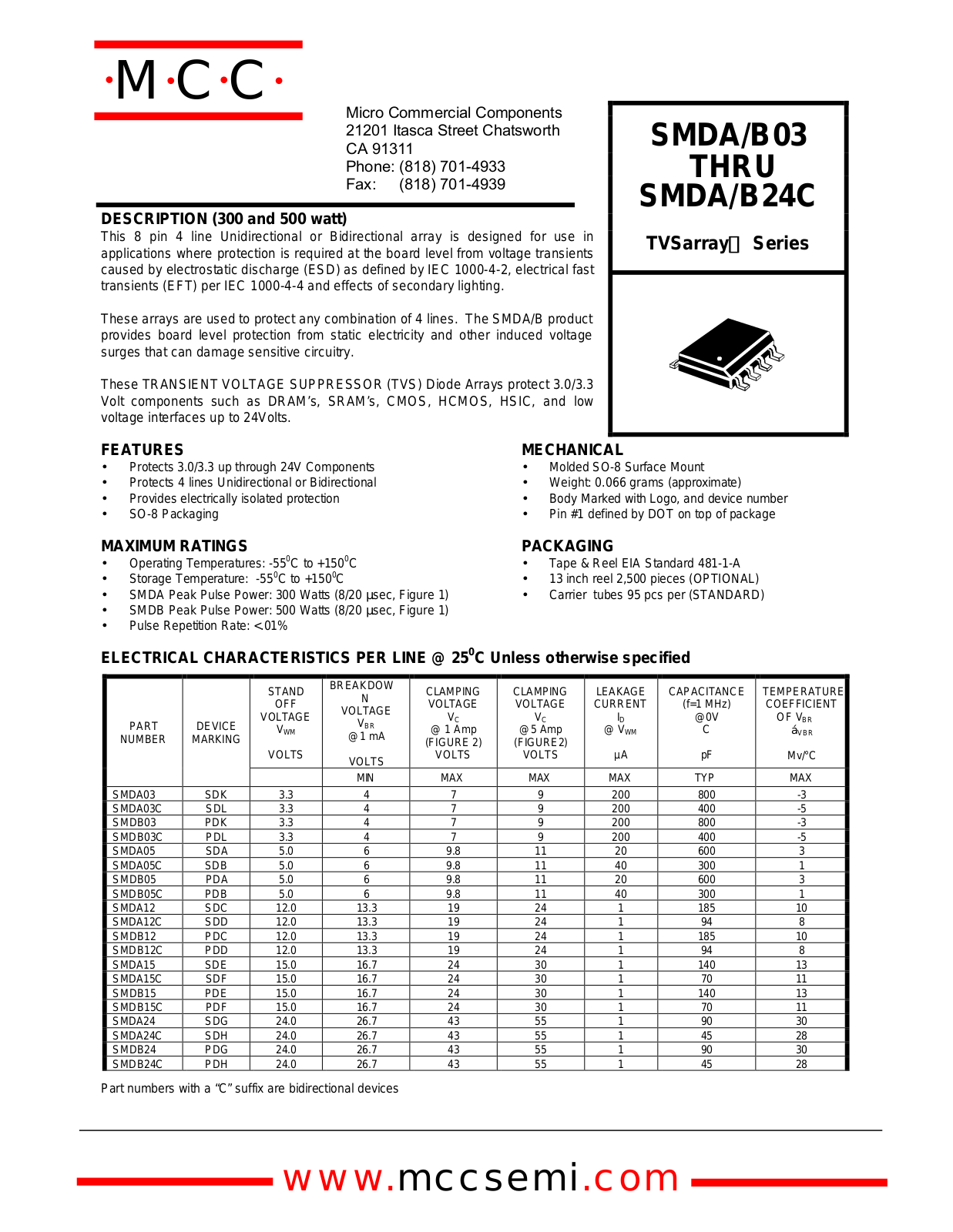 MCC SMDA05, SMDA03C, SMDA03, SMDA12C, SMDA24 Datasheet