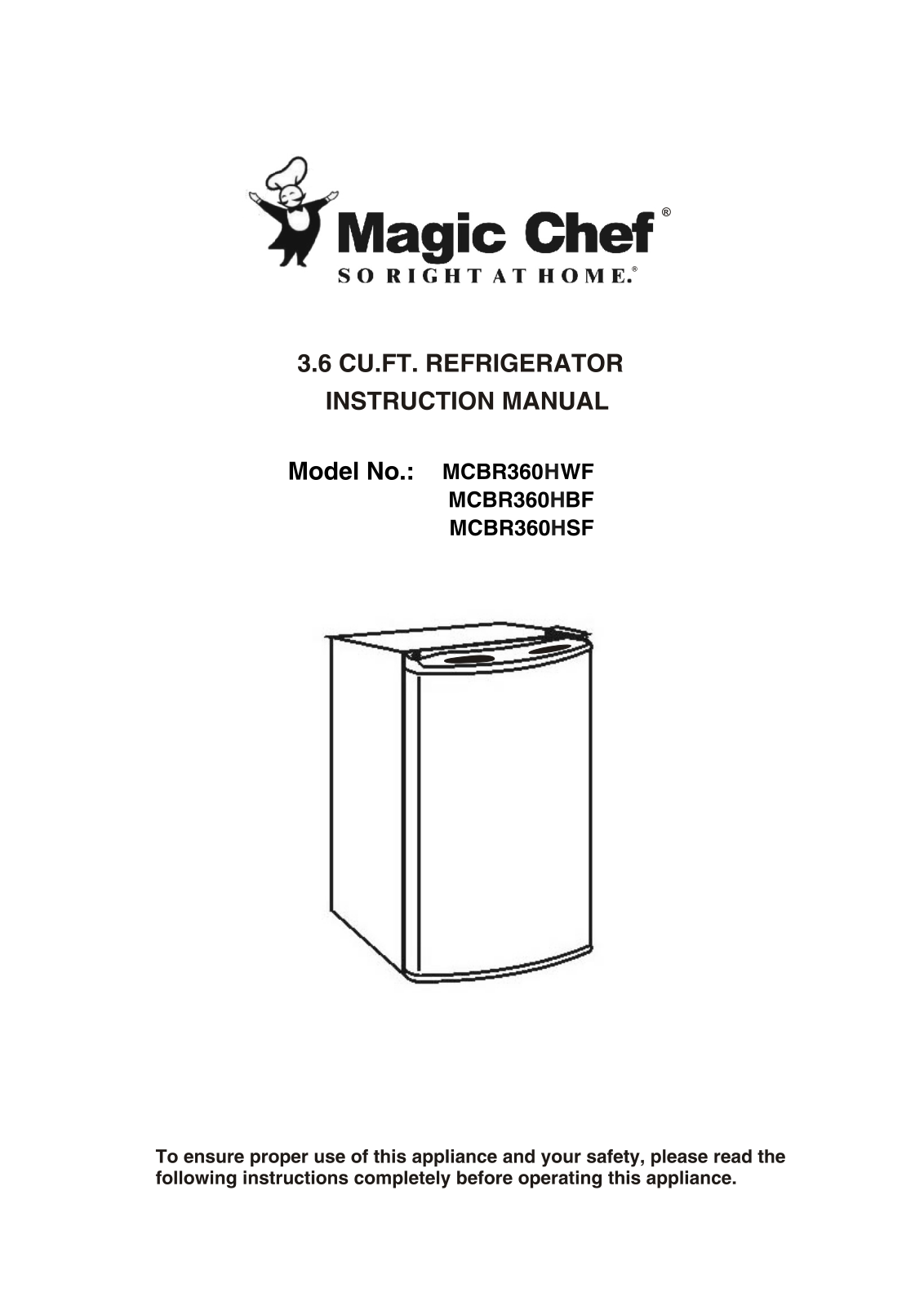 Magic Chef MCBR360HWF, MCBR360HBF Owner's Manual