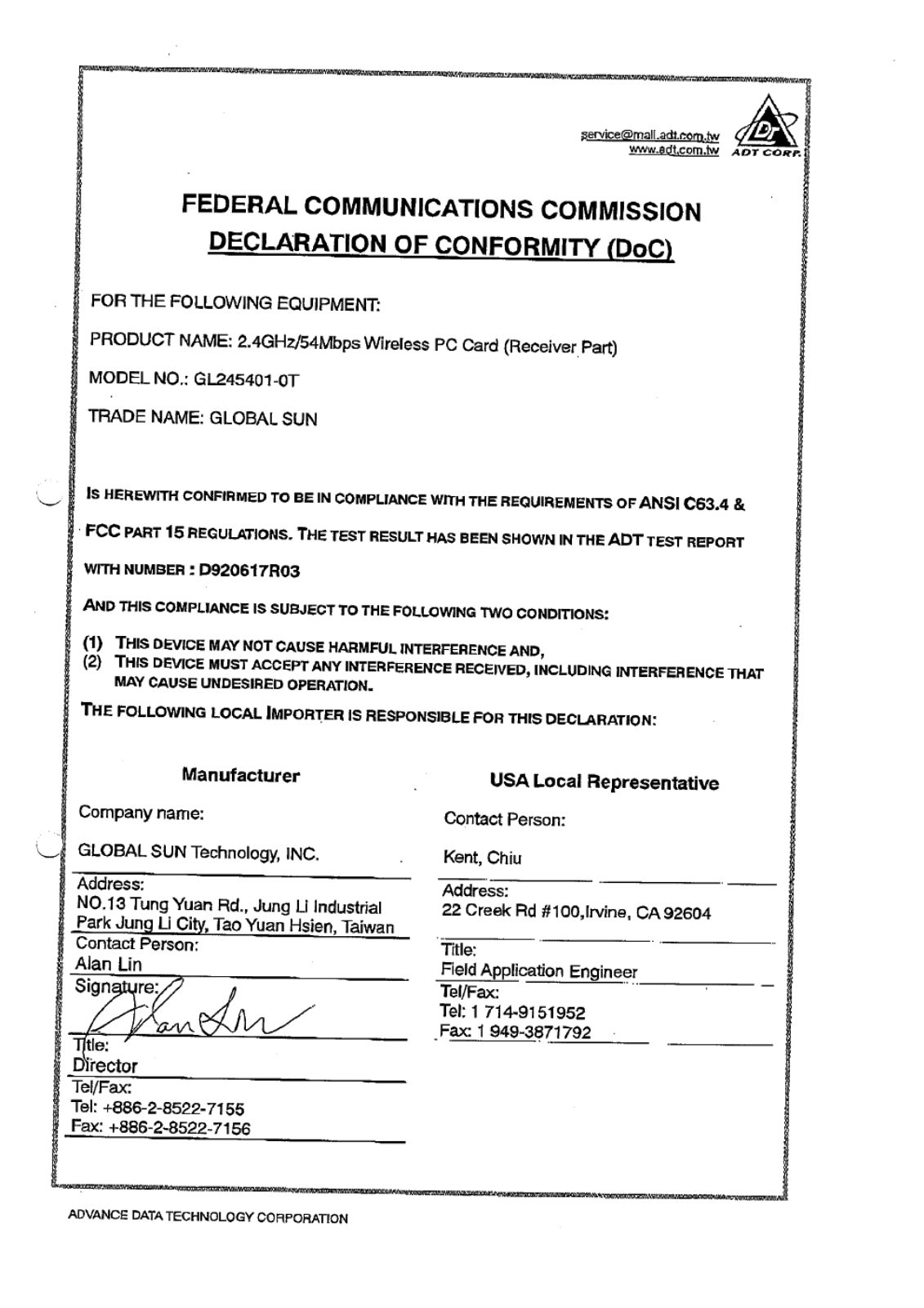 Global Sun Technology GL245401-0T DoC Statement