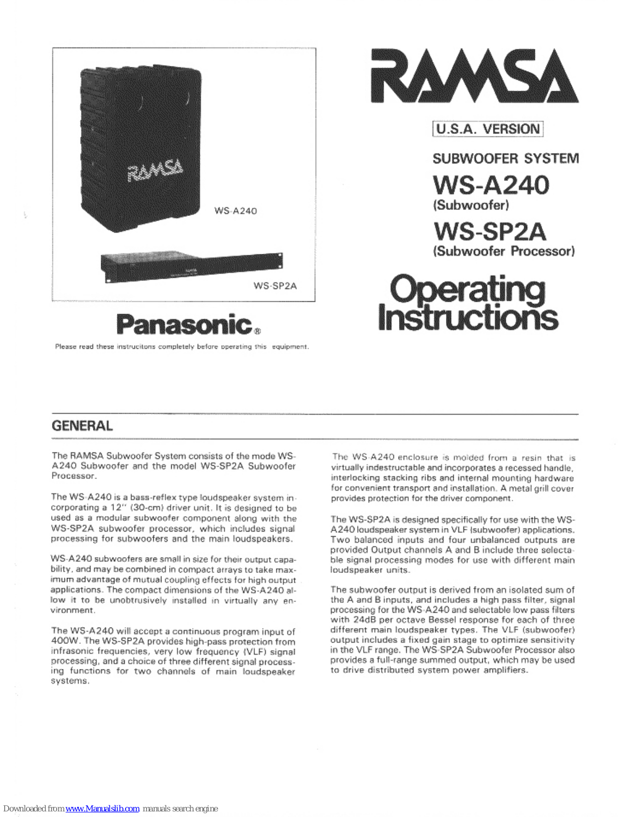 Panasonic Ramsa WS-A240, Ramsa WS-SP2A Operating Instructions Manual