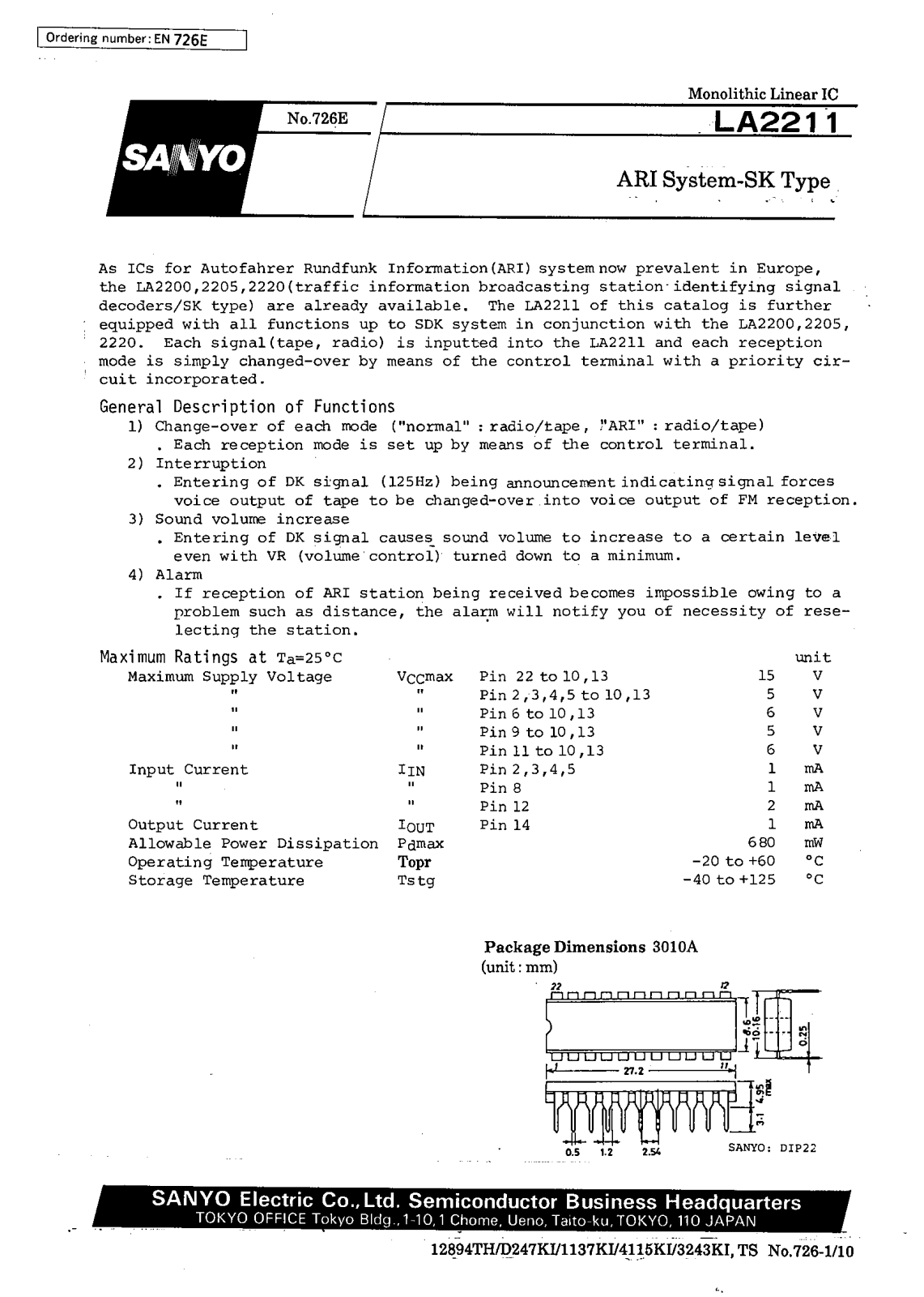 SANYO LA2211 Datasheet