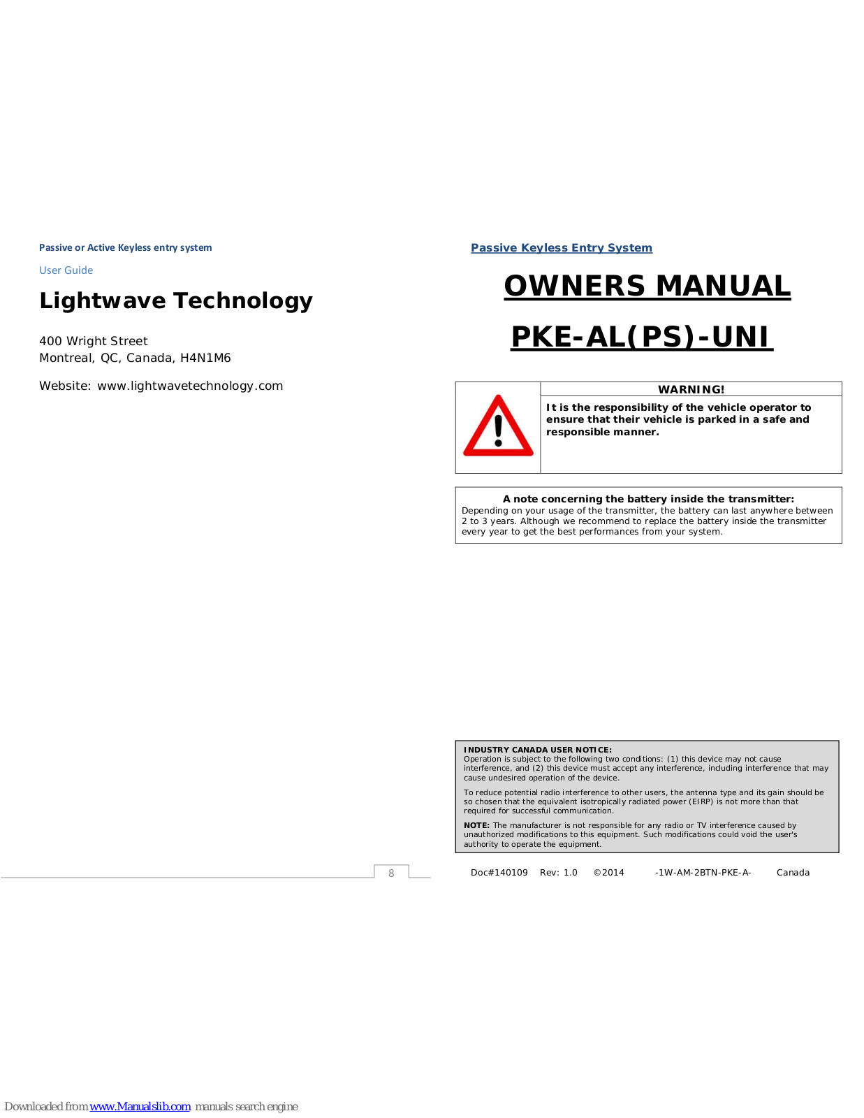 Lightwave Technology PKE-AL(PS)-UNI Owner's Manual