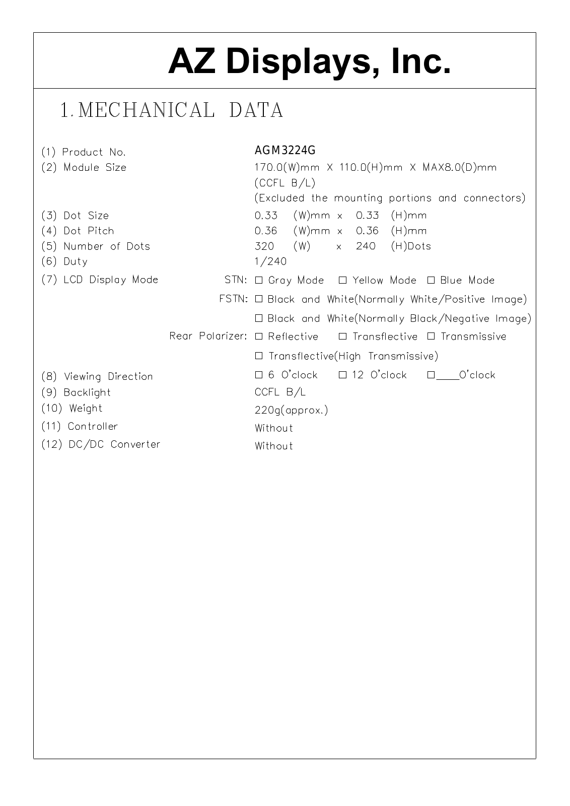 AZDIS AGM3224G-RC-YTW-T, AGM3224G-RC-YTS-T, AGM3224G-RC-YTH-T, AGM3224G-RC-YTD-T, AGM3224G-RC-YBW-T Datasheet