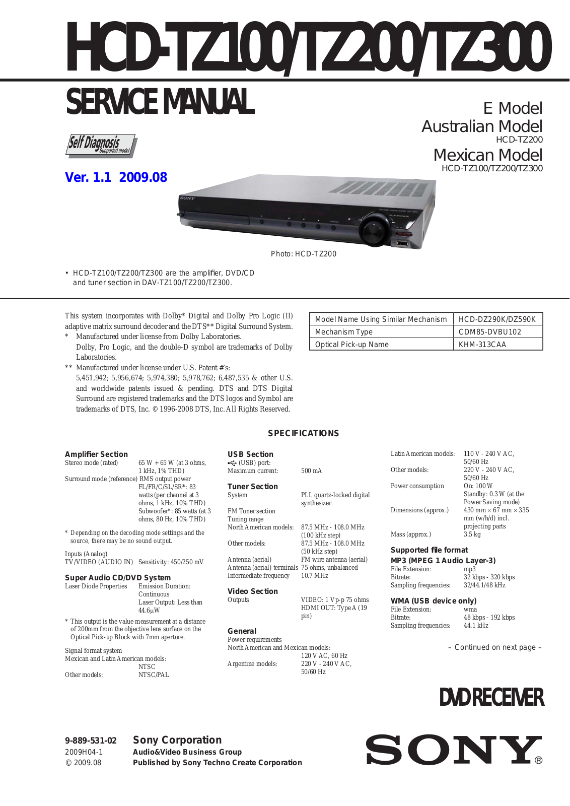 Sony HCD-TZ100, HCD-TZ200, HCD-TZ300 Service Manual
