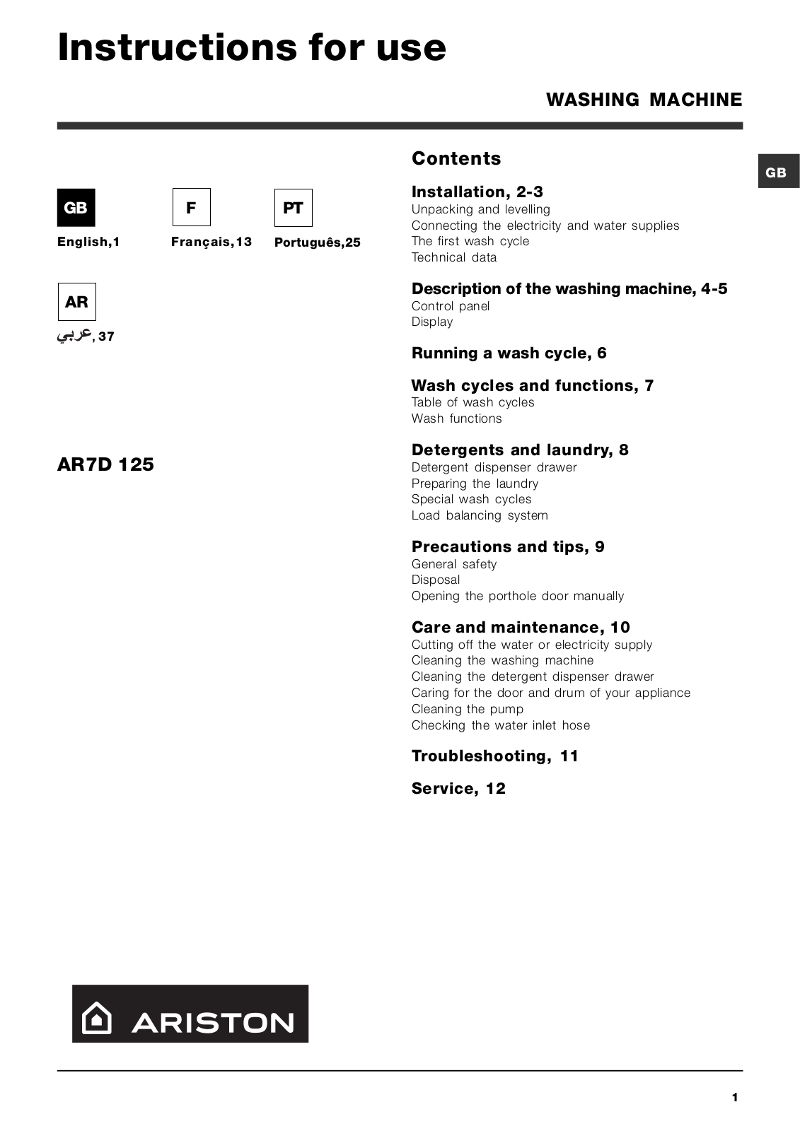 Hotpoint AR7D 125 User Manual