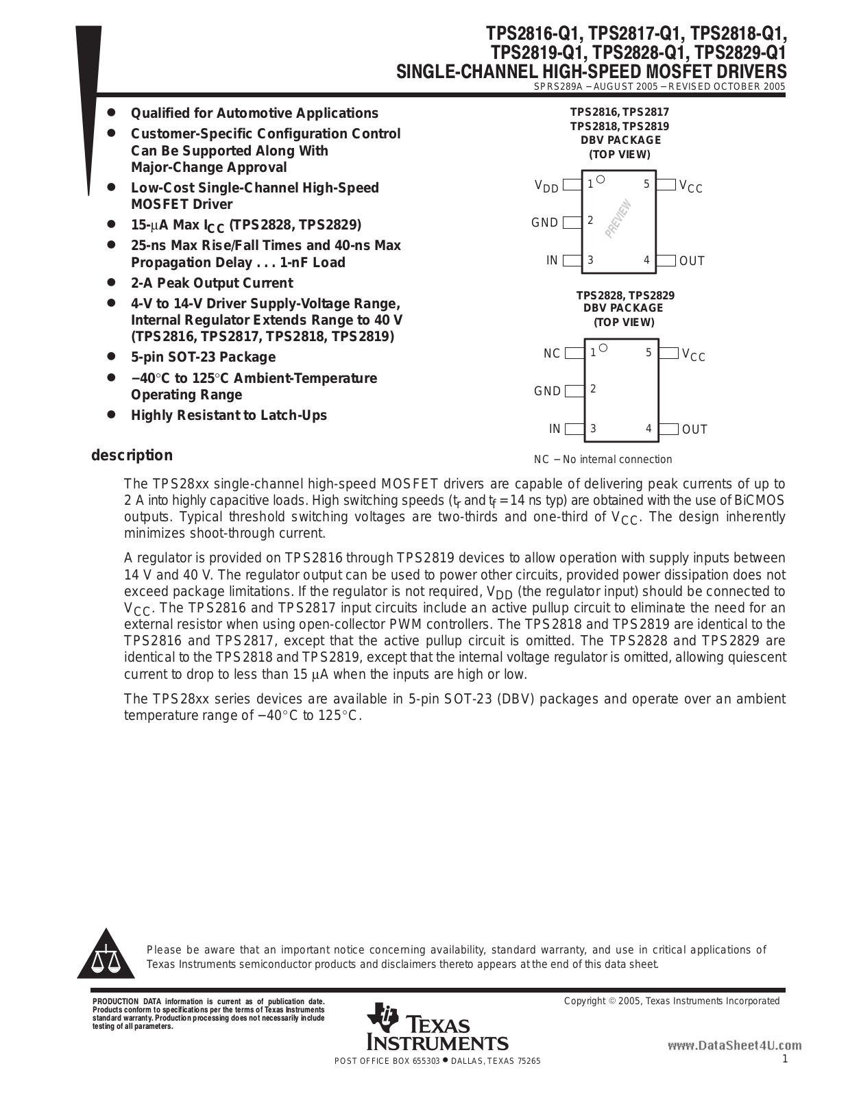 Texas Instruments TPS 2819 – Q 1, TPS 2817 – Q 1, TPS 2818 – Q 1 INSTALLATION INSTRUCTIONS