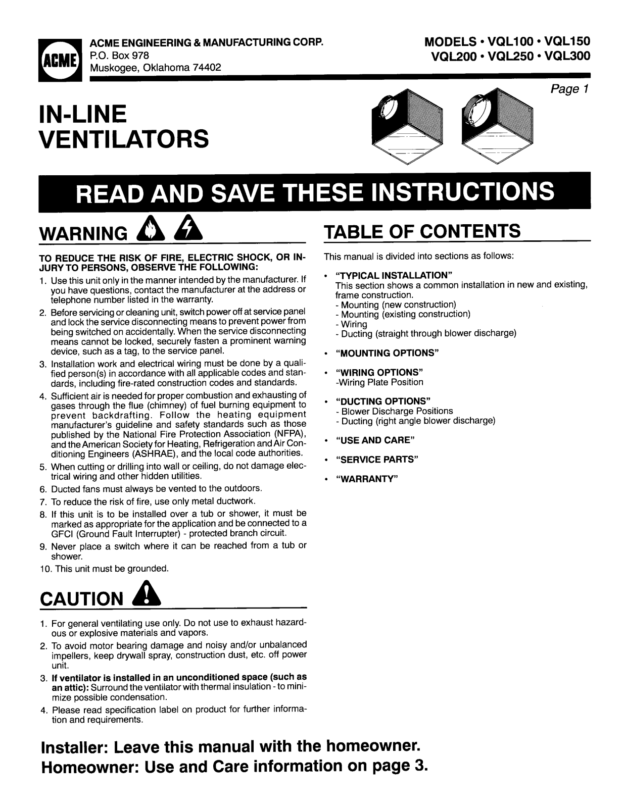 Acme Engineering VQL100 Installation  Manual