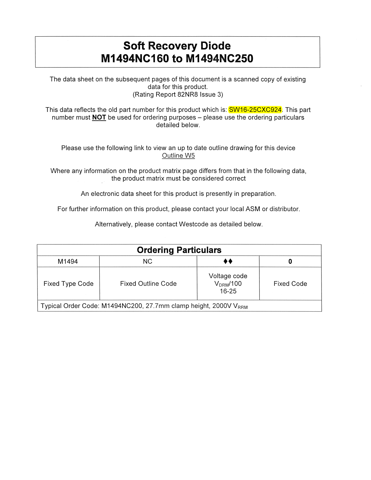 Datasheet M1494NC160, M1494NC250 Datasheet (Westcode Semiconductors) - ManualMachine.com