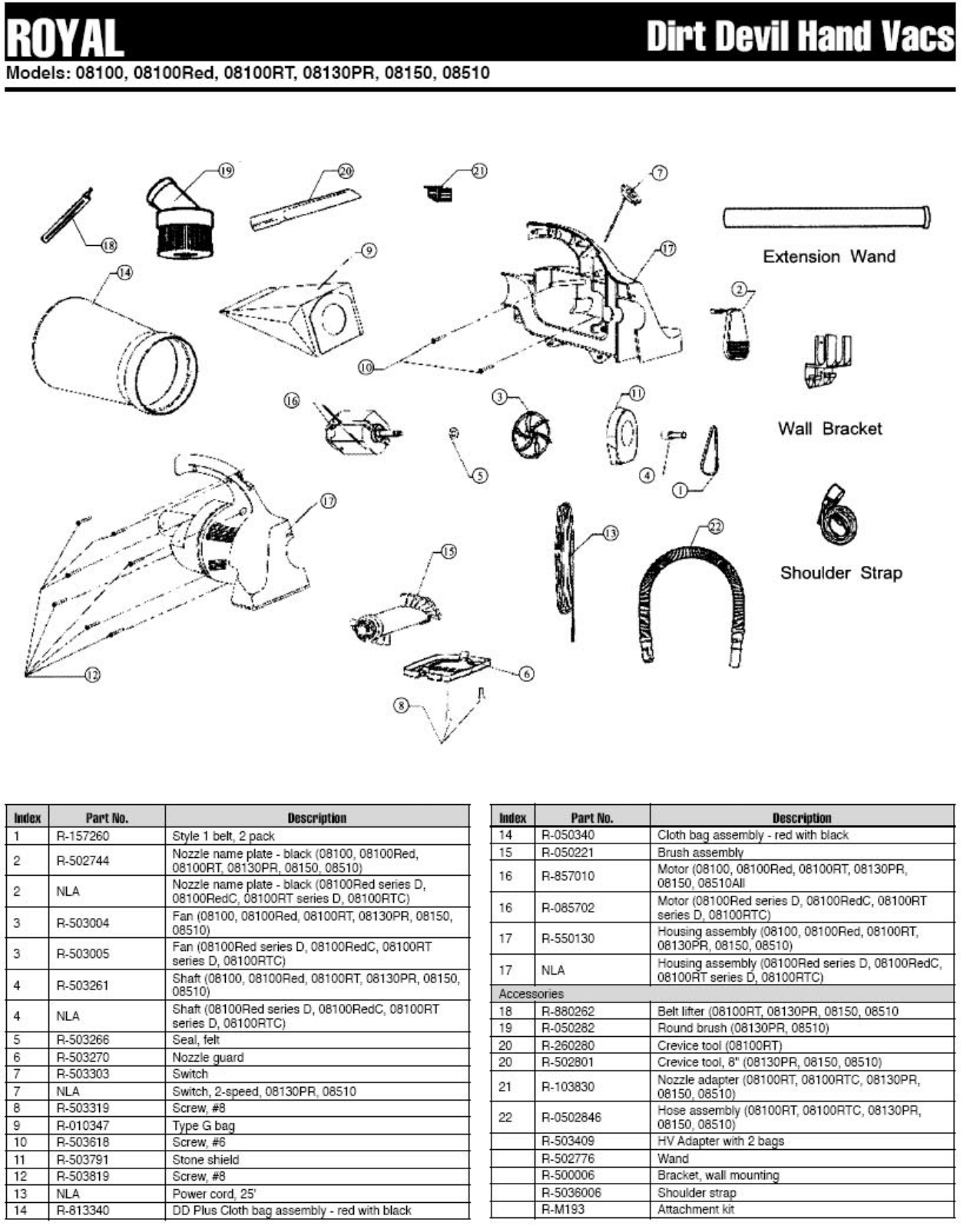 Royal 08100, 08100 Red, 08100rt, 08130pr, 08150 Parts List