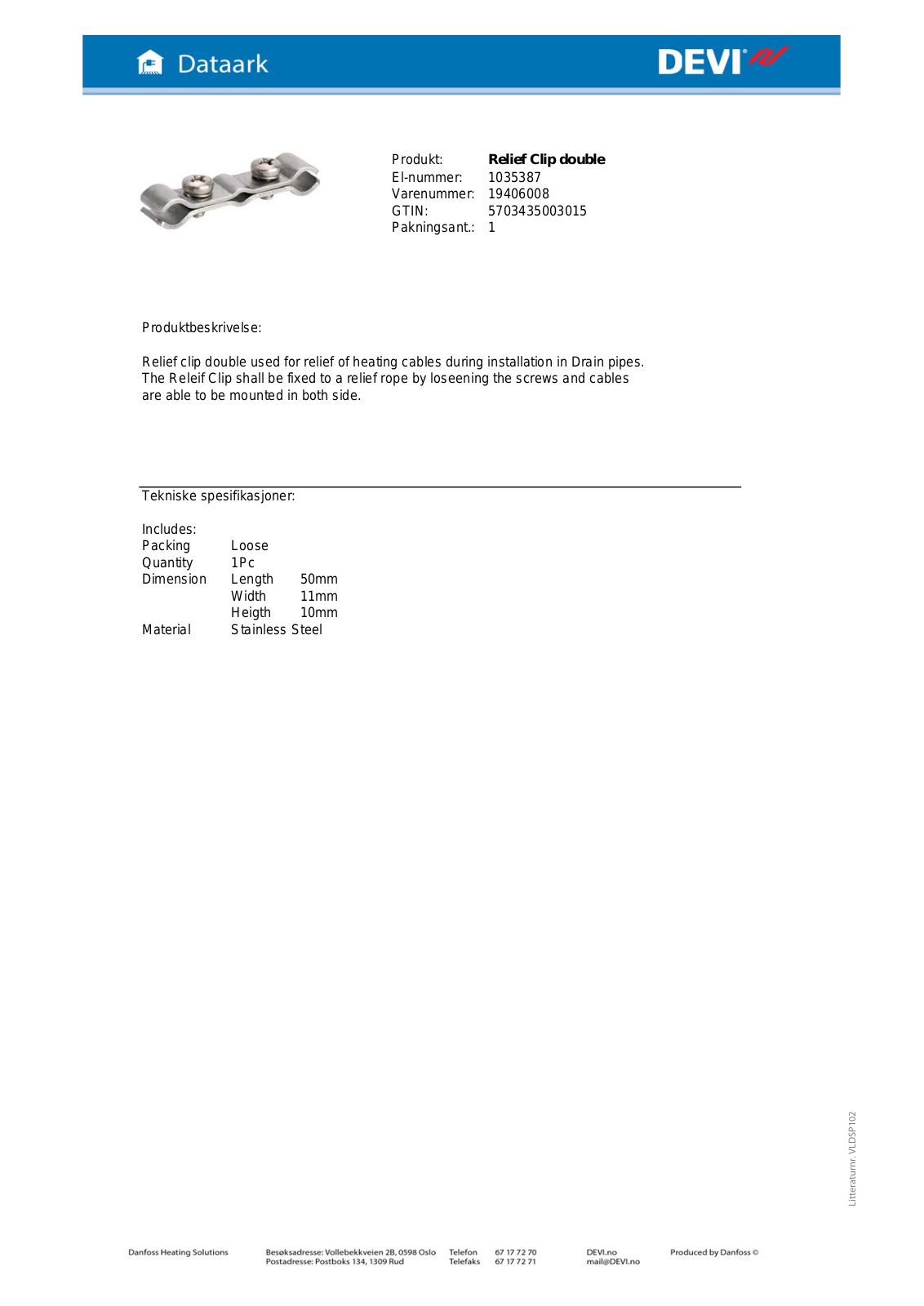 Danfoss Relief Clip double Fact sheet