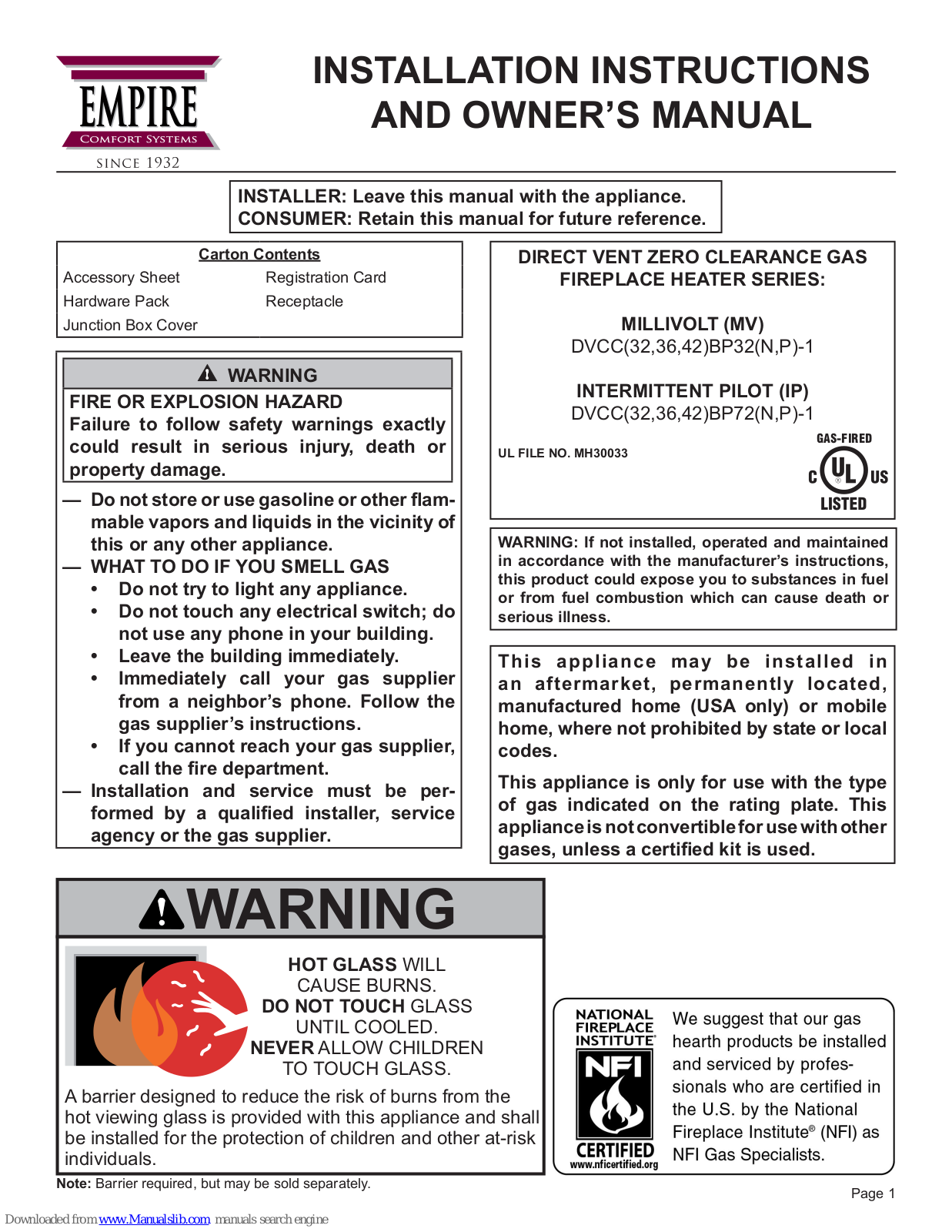 Empire Comfort Systems DVCC42BP32P-1, DVCC32BP32P-1, DVCC36BP32P-1, DVCC42BP32N-1, DVCC32BP72N-1 Installation Instructions And Owner's Manua