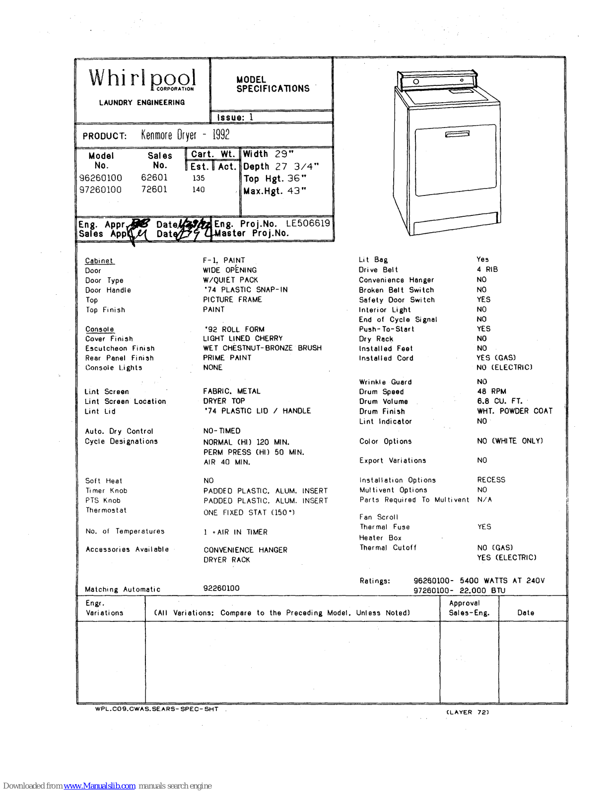 Kenmore Whirpool 96260100, 97260100 Specification - ManualMachine.com