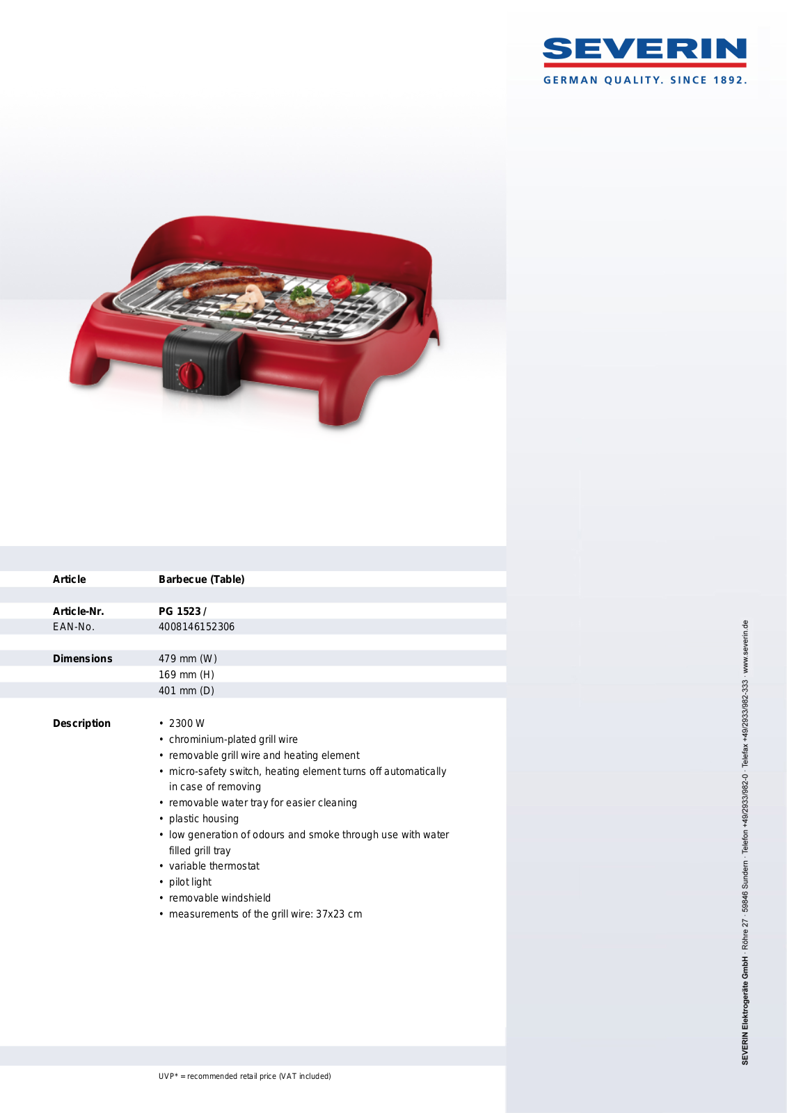 Severin BARBECUE, PG 1523 User Manual