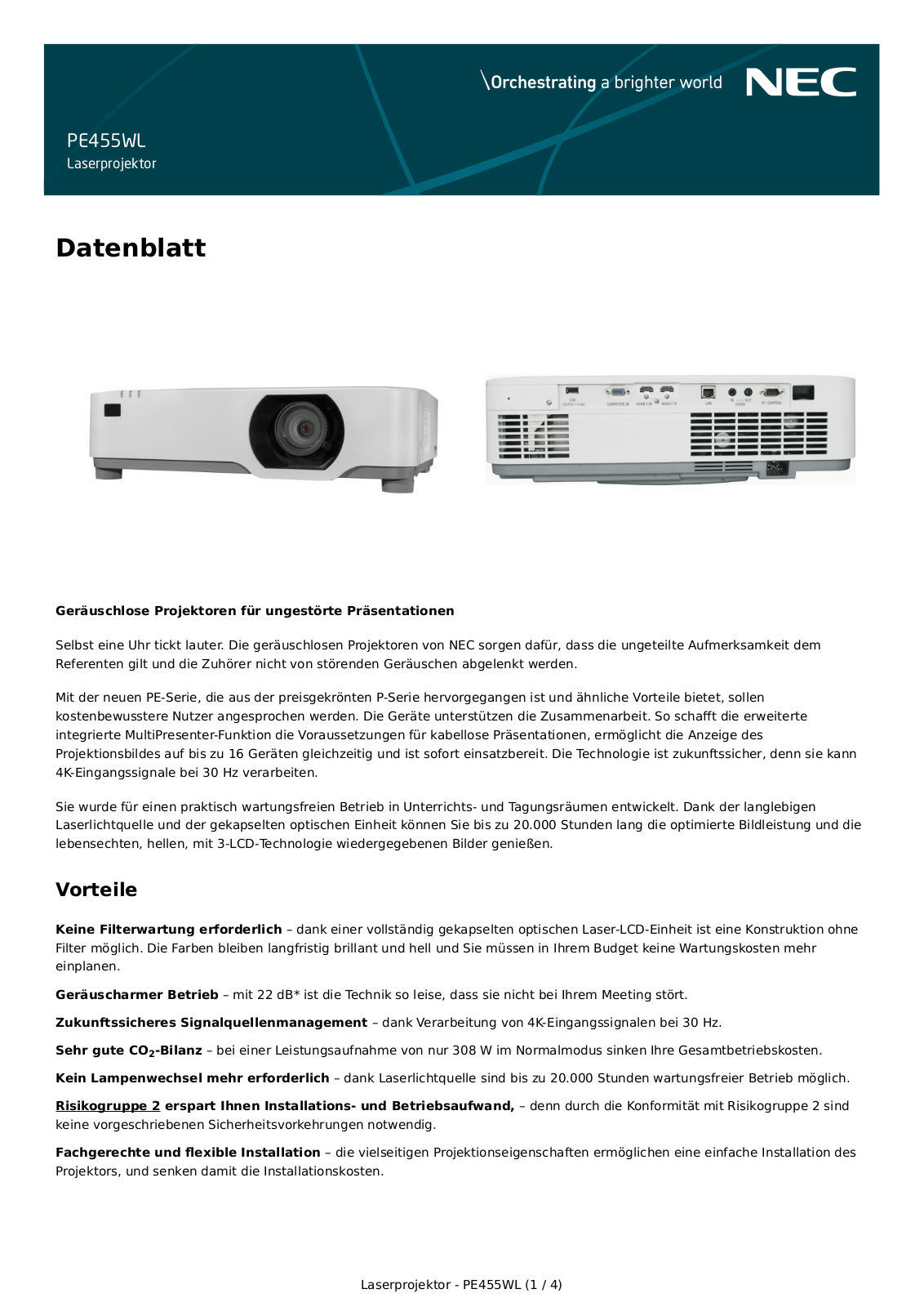 NEC PE455WL Datenblatt