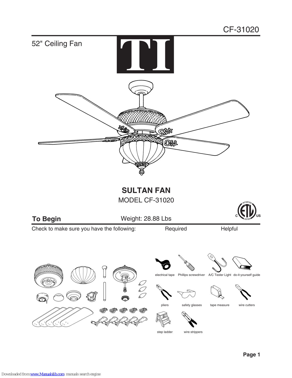 TI CF31020, Sultan CF-31020 Installation Instructions Manual