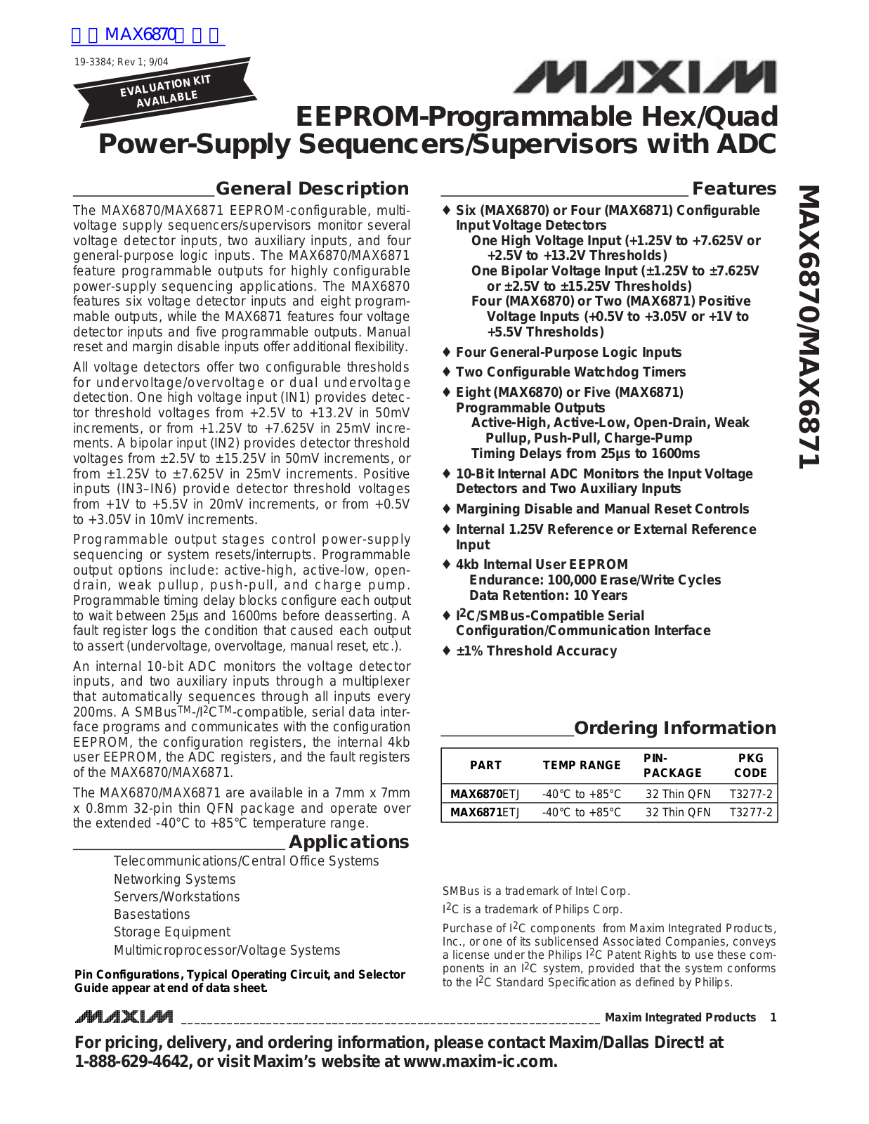 MAXIM MAX6870, MAX6871 Technical data