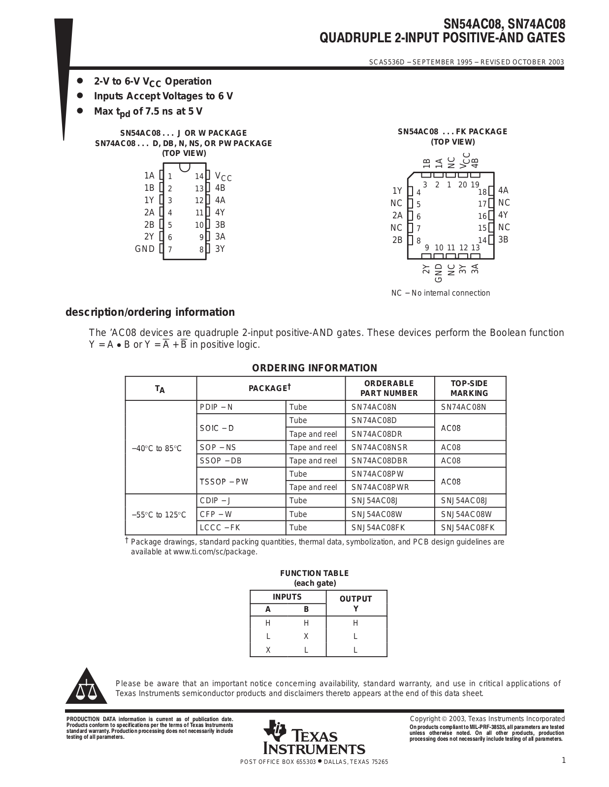 TEXAS INSTRUMENTS SN54AC08 Technical data