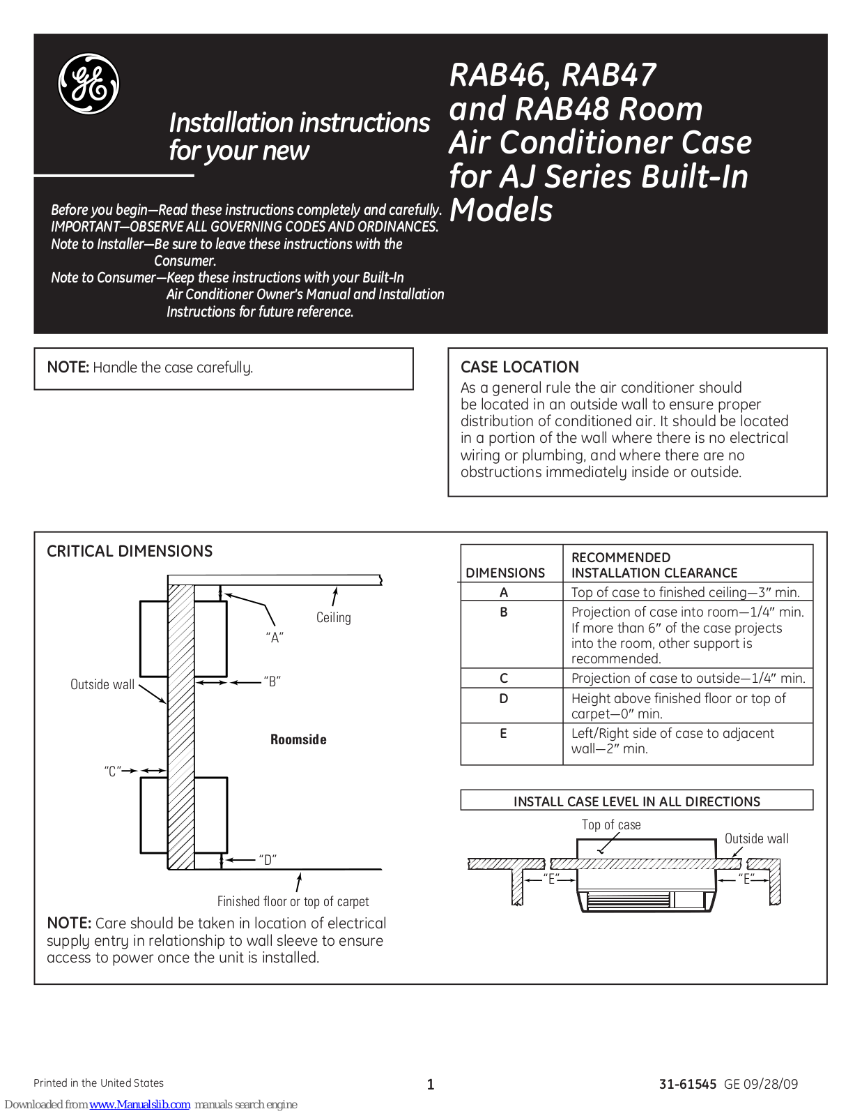 GE RAB46, RAB47, RAB48 Installation Instructions Manual