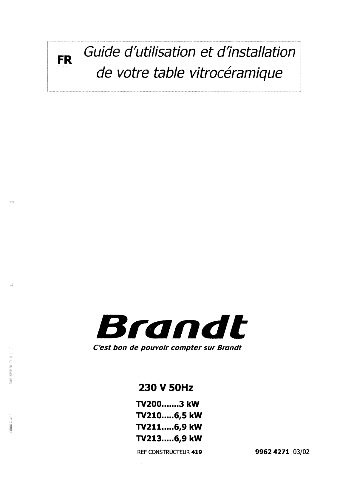 BRANDT TV210BF1, TV211BF1, TV211BT1, TV213BF1, TV213BT1 User Manual